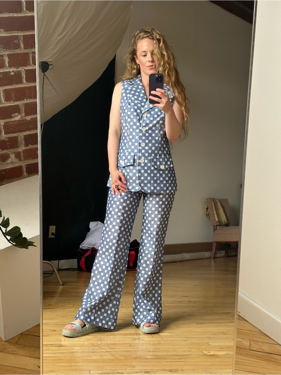 Vintage Pants - Blue and White Check Sleeveless Wide-Leg Set